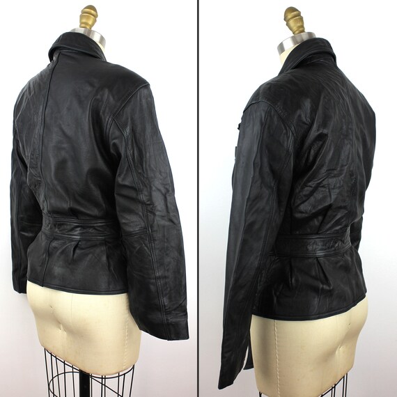 Black Leather Side Zip Belted Motorcycle Jacket - image 5