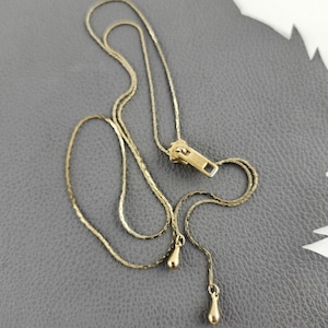 Gold Zipper on Dainty Flat Chain Bolo Style Vintage 80s Necklace