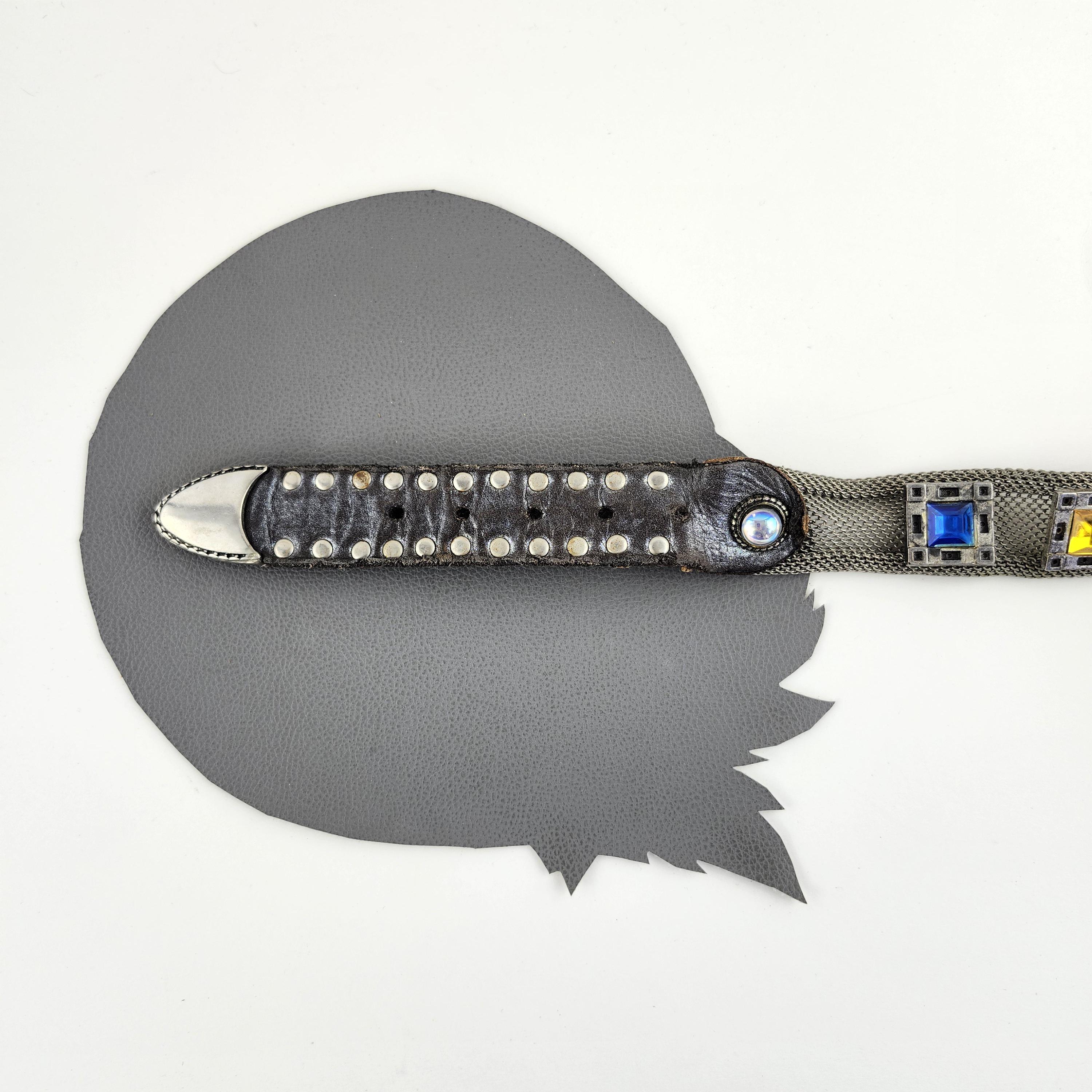 Metal Mesh and leather unique studded belt Black Leather Studded Belt: Hand Tooled Vintage Style Modern  main image 3