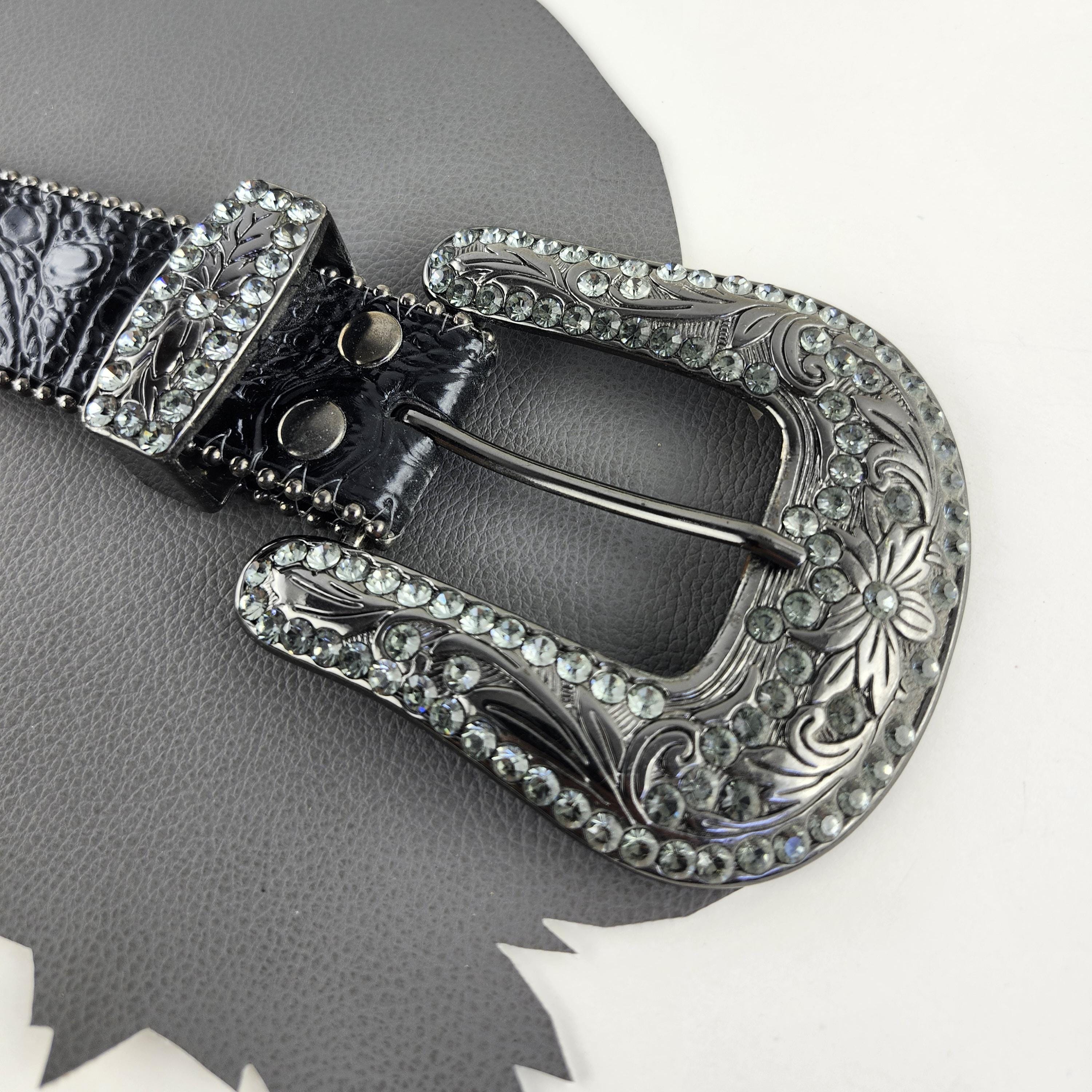 VintagwBlack Studded Leather Western Belt Silver Statement Buckle Rocker Cowboy Ridge Mountain Women Grommet & Star Belt – Western Style  main image 2