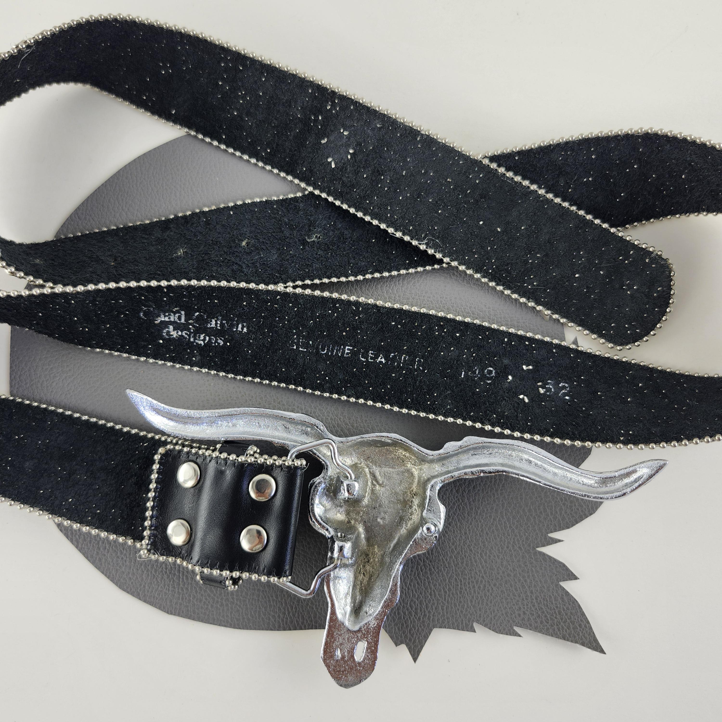 80s Chad Calvin Silver tone Studded Filigree & Black Rhinestone Leather Belt Black Leather Silver Studs & Rhinestone Western Vintage Belt  main image 2