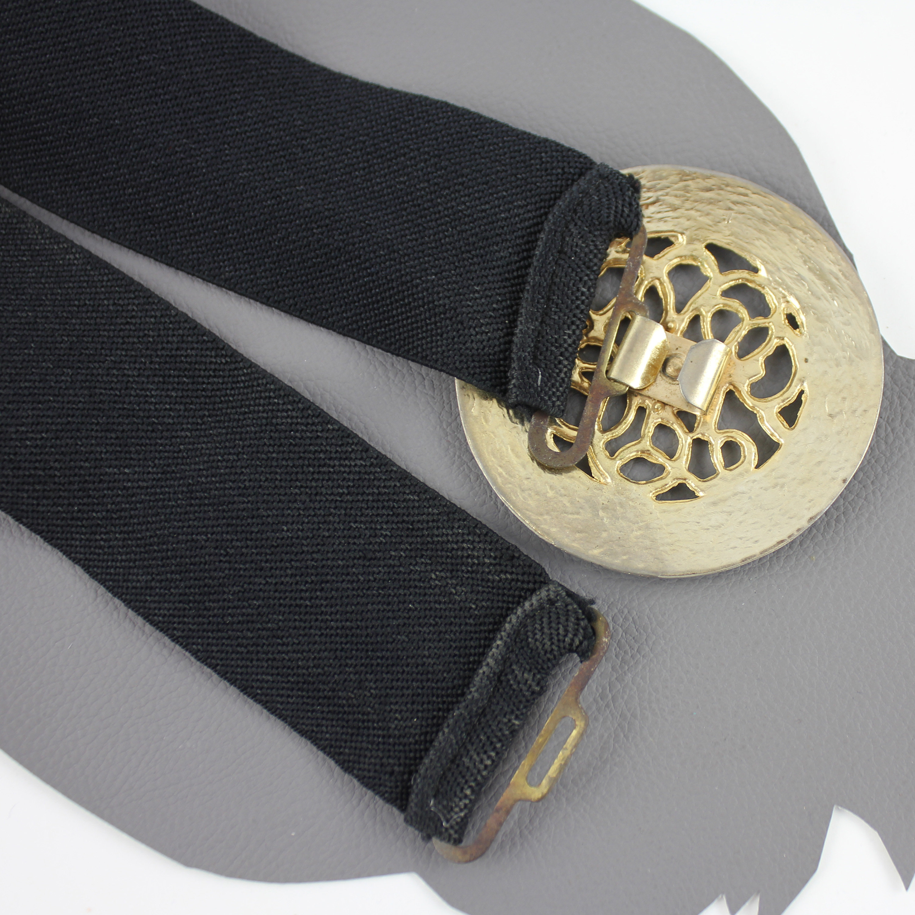 Black & Gold Large Round Scroll Buckle Vintage Elastic Belt 