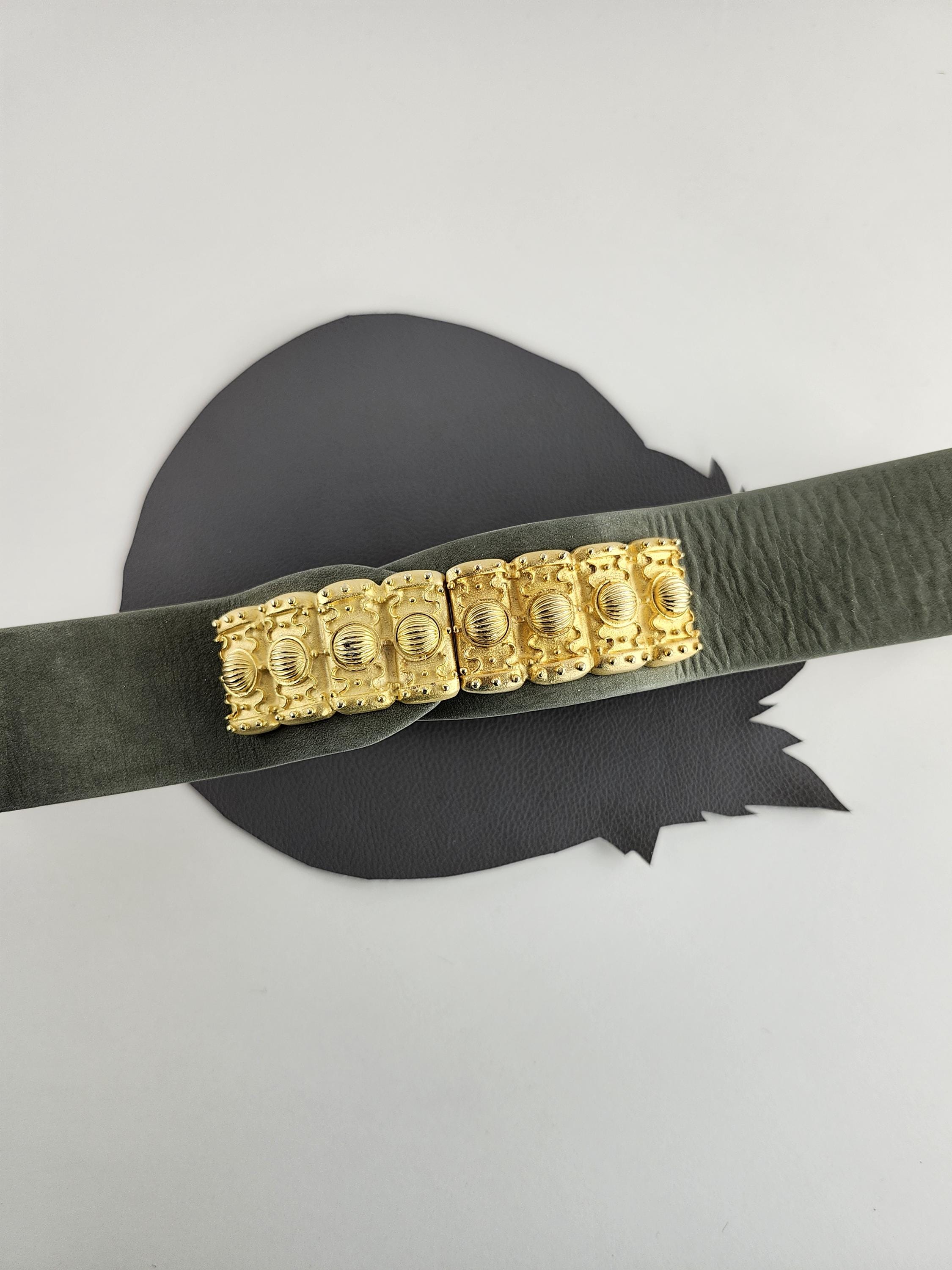 Carlisle green gray lather belt, small, gold hardware 32.5\