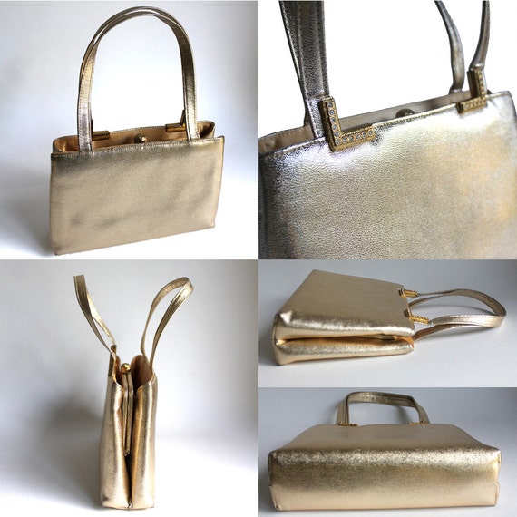 Vintage Gold Vinyl and Rhinestone Purse - image 5