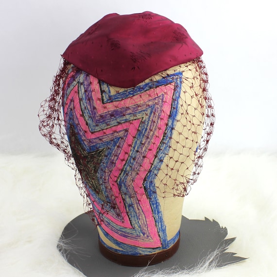 Burgundy Red Vintage Ladies Hat with Lace Veil Ov… - image 1