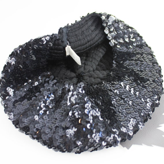 Black Sequin Vintage Beret Hat / Stretch Material - image 10