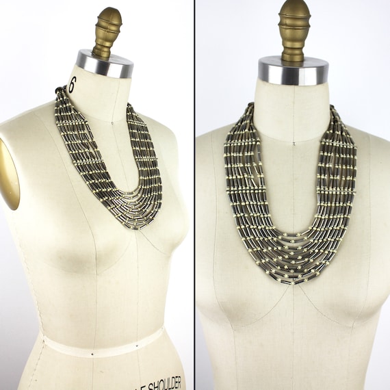 Multi Strand Silver Metal and White Beaded Vintag… - image 3