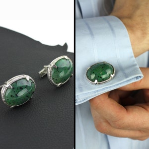 Green Speckled Stone and Silver Vintage Men's Cuff Links image 1