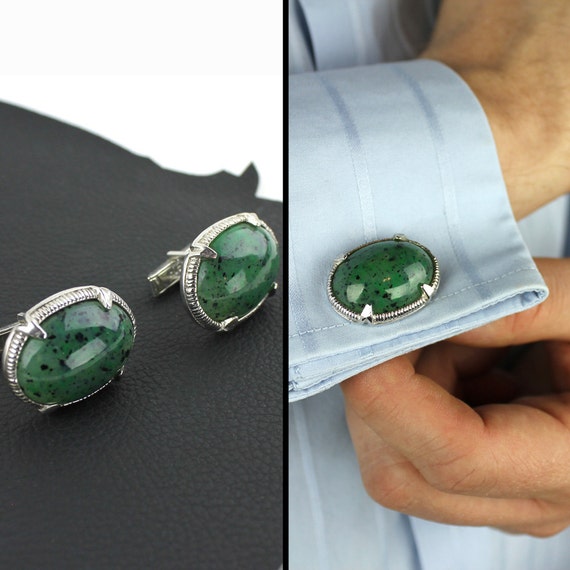 Green Speckled Stone and Silver Vintage Men's Cuf… - image 1