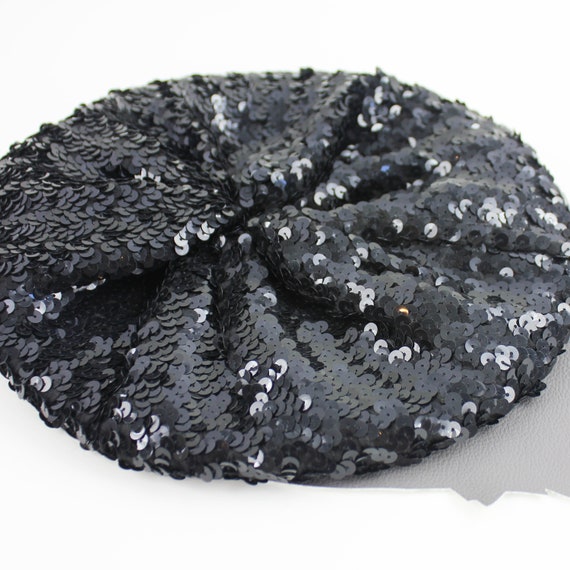 Black Sequin Vintage Beret Hat / Stretch Material - image 4