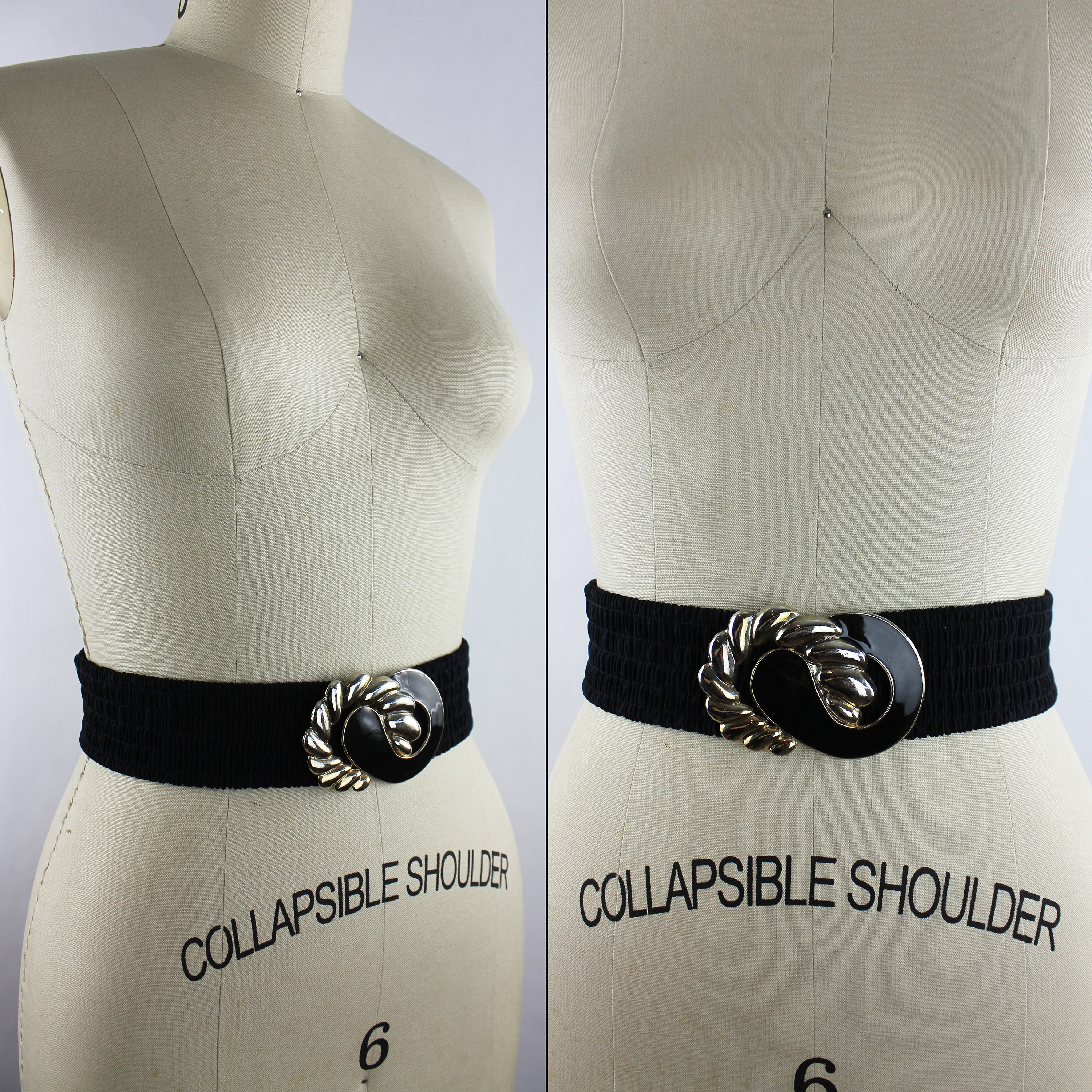 Vintage Stretch Belt with Black and Gold Swirl Buckle Black & Gold Swirl Buckle on Black Elastic Vintage Belt - Etsy main image 3