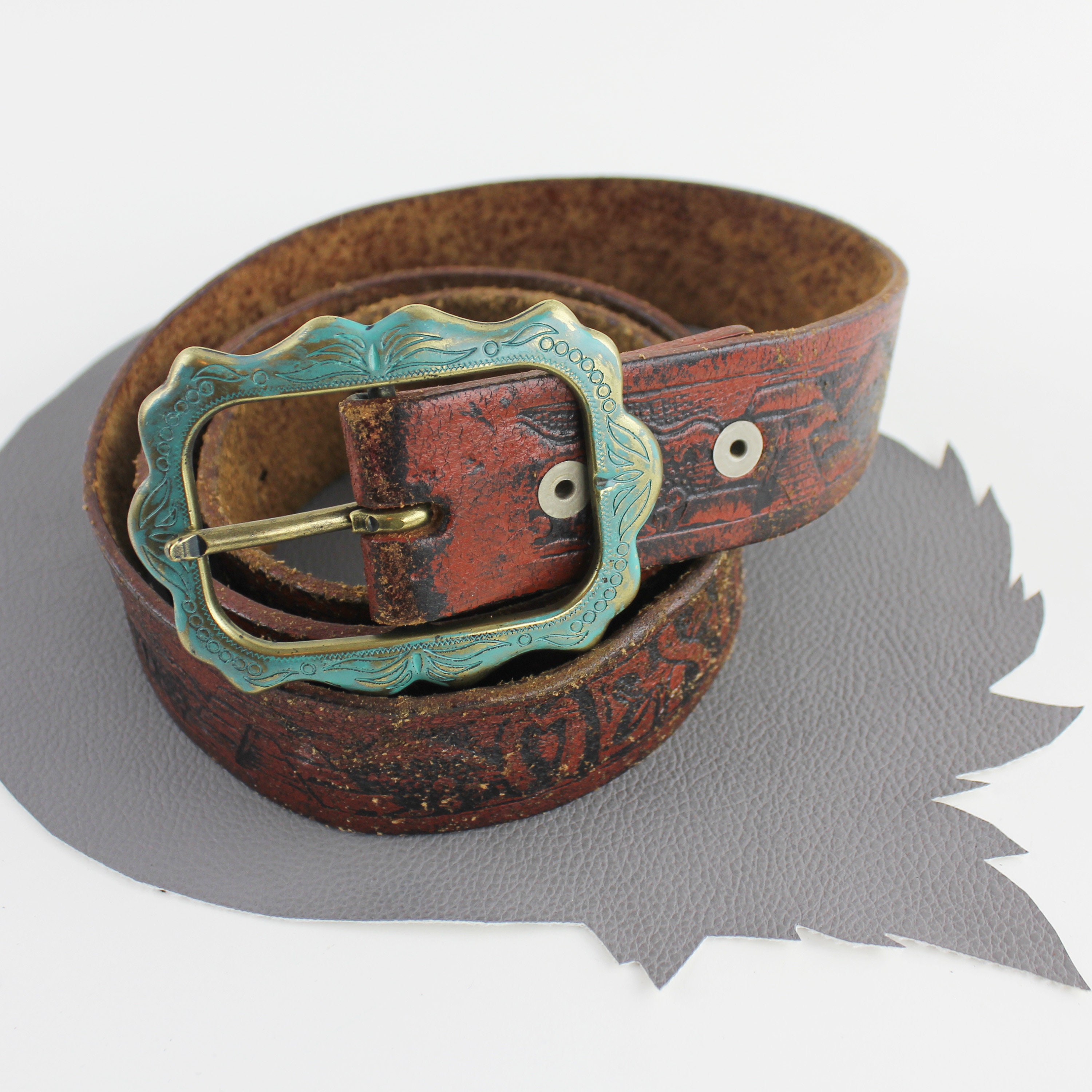 Mexico Leather Red and Black Painted Tooled Belt With Turquoise