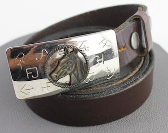 Silver Brass Horse Buckle on Dark Brown Leather Belt size  43/44 / Vintage Equestrian Western Buckle Belt / Gift for Horse Lover