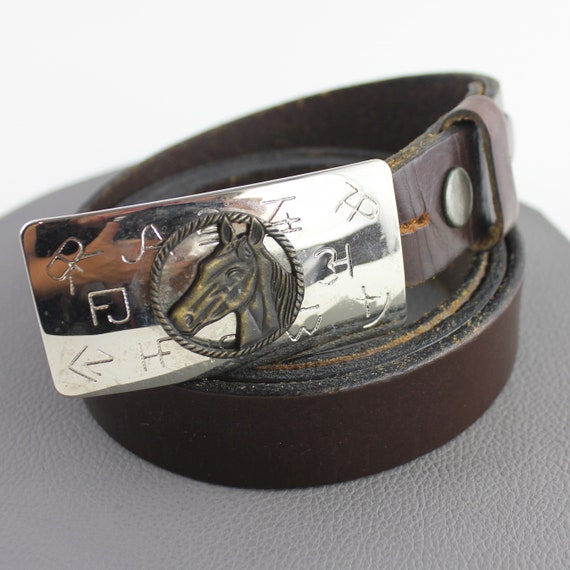 Silver Brass Horse Buckle on Dark Brown Leather Belt Size 43  display picture 2