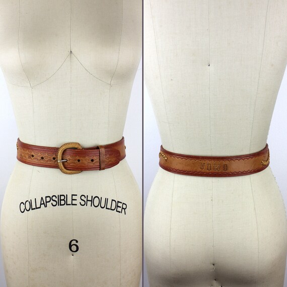 Personalized Viki Tooled Leather Vintage Belt - Gem display picture 1