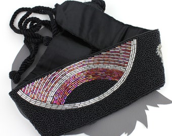 Pink Purple Red Orange Silver & Black Beaded Belt / Fully Beaded Cummerbund / Vintage Leslie Kaplan Belt / Boho Tie Back Wide Colorful Belt
