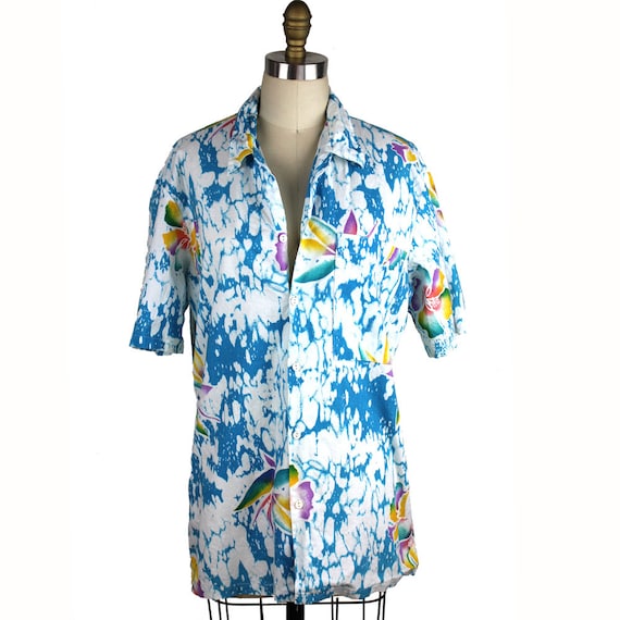 Vintage Teal & White with Tropical Leaf Hawaiian S