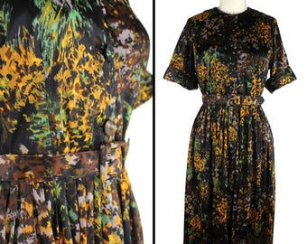 Vintage Black Brown Gold Gray and Green Abstract Floral Short Sleeve Belted Dress