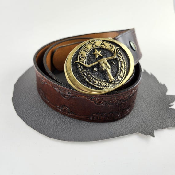 7227 Western Leather Belt With Antique Gold Longhorn Buckle Vintage Western Gold Longhorn Buckle Genuine Full Grain Leather  main image 4
