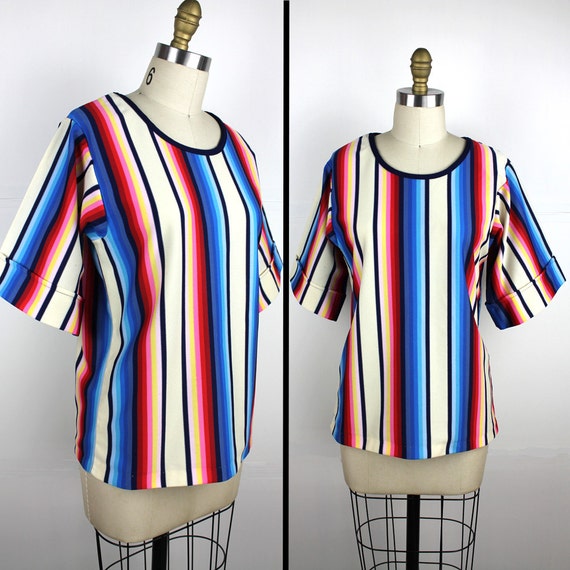 Vintage Short Sleeve Rainbow Striped Polyester Sh… - image 1