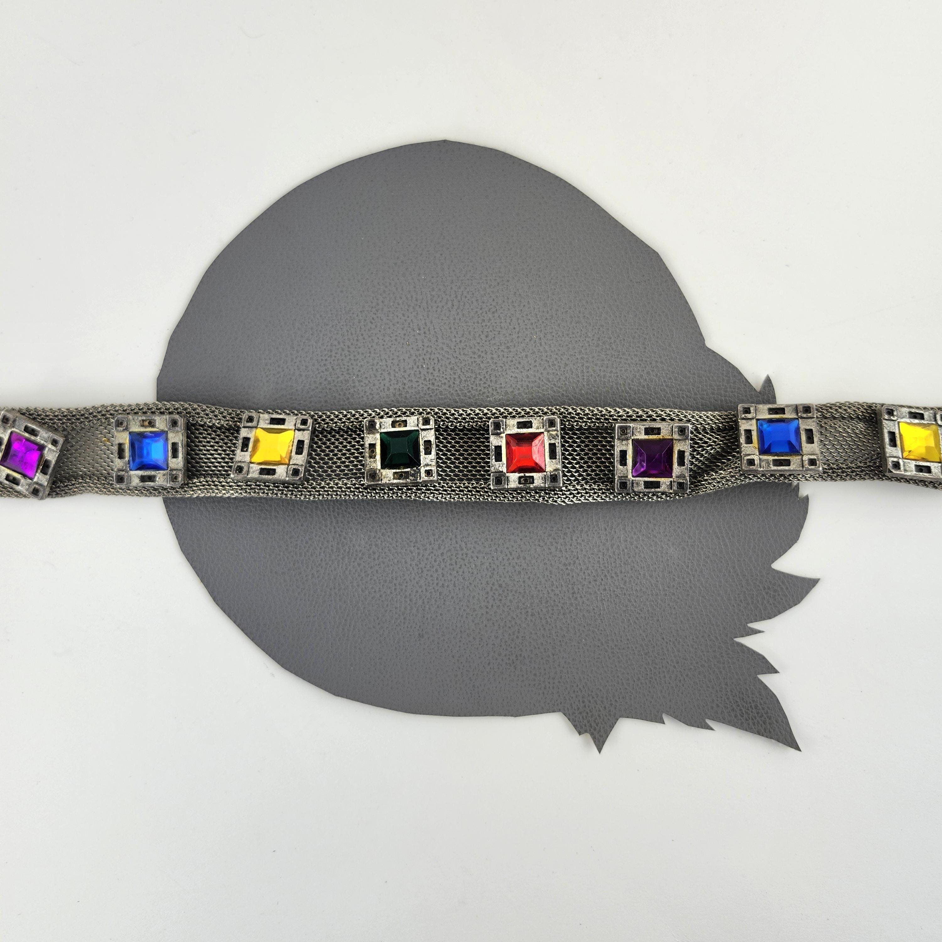 Rainbow Jeweled Silver Metal Mesh & Black Leather Studded  display picture 3
