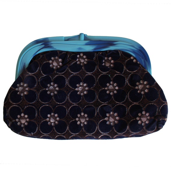 Navy Floral Velveteen with Blue Plastic Clasp Clu… - image 5