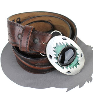 Southwestern Stone Buckle on Brown Leather Belt Unisex - size 38 / 40