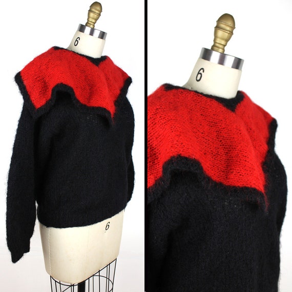 Black & Red Knit Vintage 80s Sweater with Oversiz… - image 1