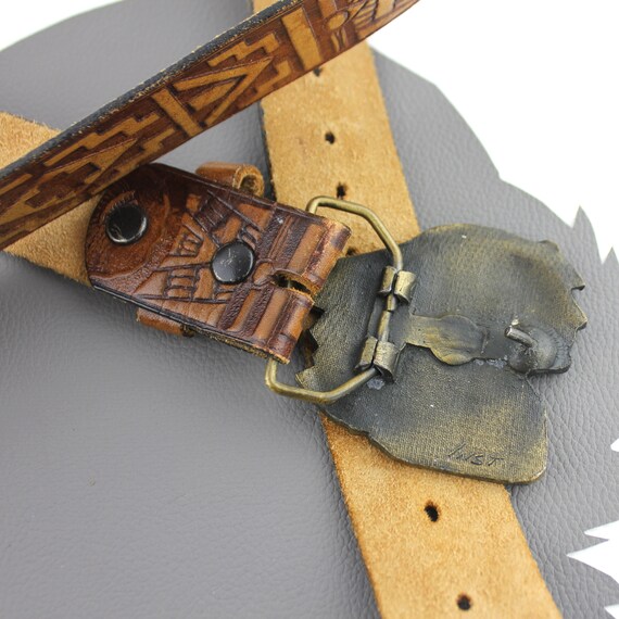 Vintage Southwestern Leather Woven Canvas Belt Brass Buckle Quiet Luxury Muted Brass Native American Head Buckle on Southwestern Tooled  main image 3