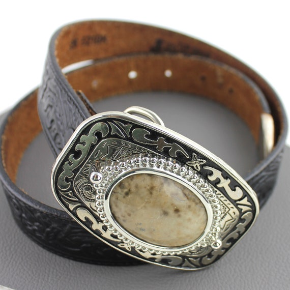 Brown Beige Stone Set in Silver Western Buckle on Black Leather 