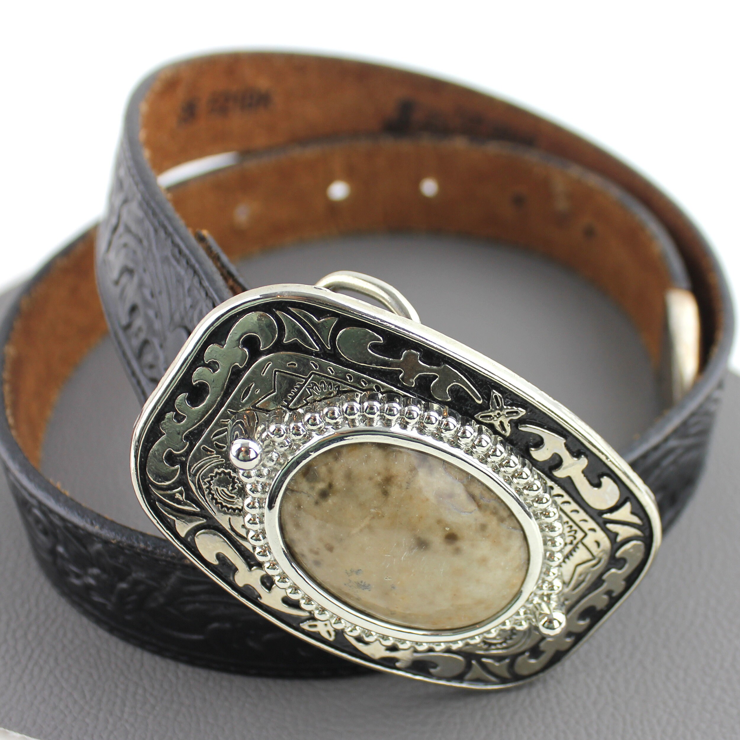 Brown Beige Stone Set in Silver Western Buckle on Black Brown Beige Stone Set in Silver Western Buckle on Black