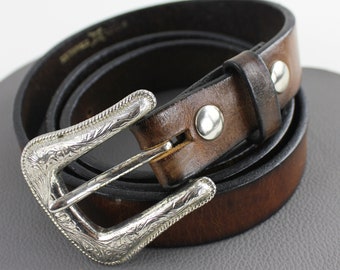 Dark Brown Leather Vintage Western Belt with Silver Buckle size US 37/38