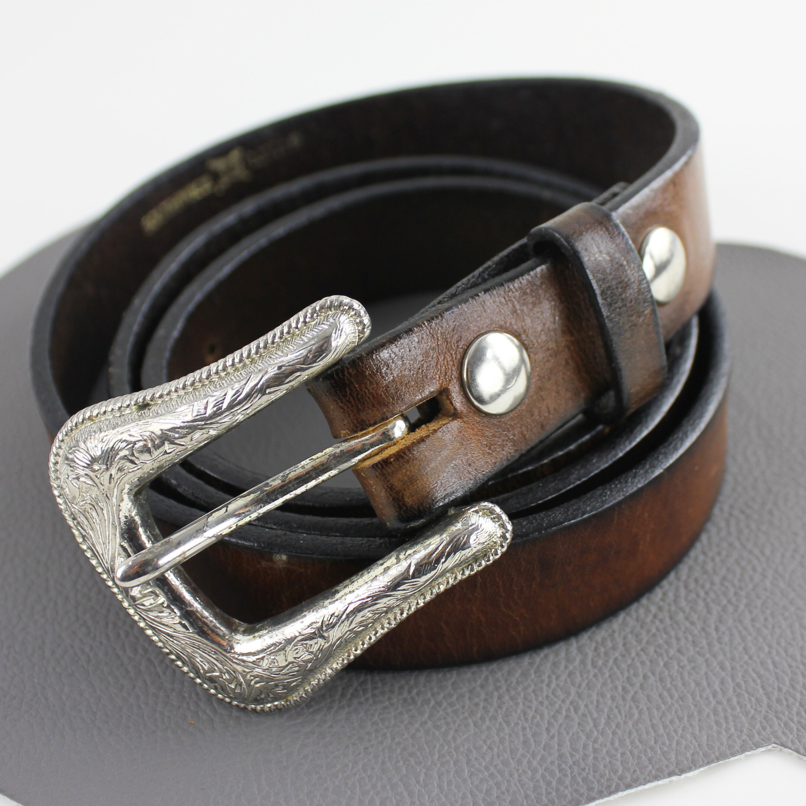 Dark Brown Leather Vintage Western Belt With Silver Buckle 