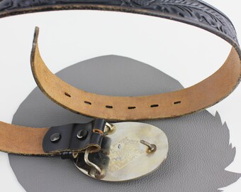 Roping Cowboy Silver and Brass Buckle on Black Acorn Tooled  display picture 1