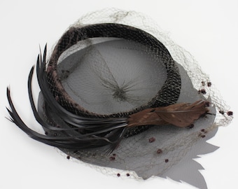 Brown Velvet Vintage Hat/Headpiece with Feathers & Lace Veil