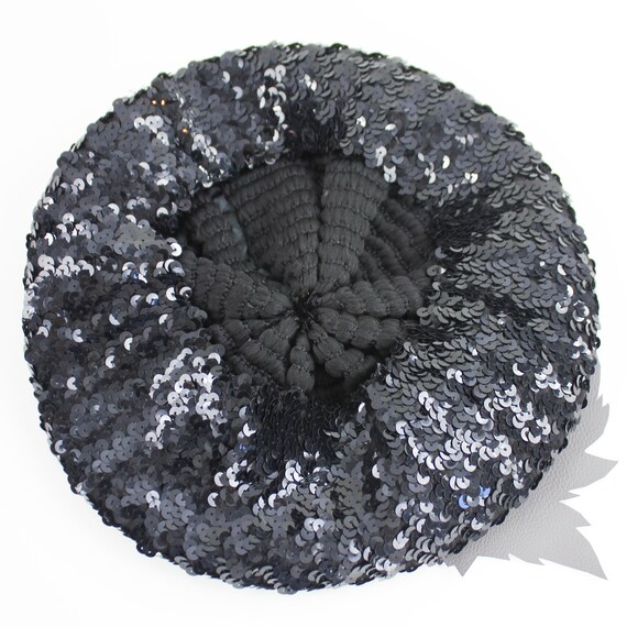 Black Sequin Vintage Beret Hat / Stretch Material - image 8