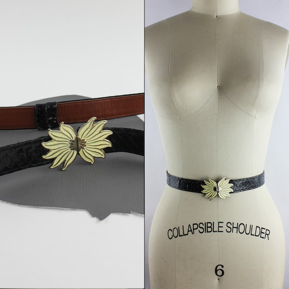 Vintage Black Snakeskin Belt With Yellow and Gold Flower  display picture 3