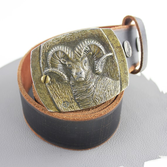 Vintage Brass Ram Western Buckle on Black Leather Belt US  display picture 1