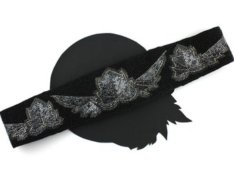 Cinturón con cuentas y lentejuelas negras y grises / fajín tamaño 31 pulgadas