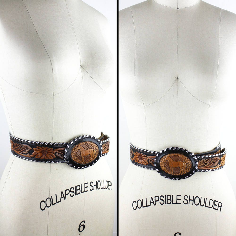 Vintage Tooled Brown Leather Belt Silver Horse Head Buckle Western Cowboy 28 Vintage Belt Buckles Dropped Online - Check Them Out ? They  main image 2