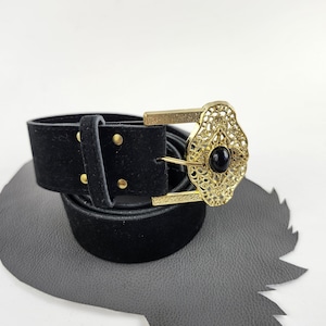 Art Deco Black & Gold Colored Metal Buckle on Felted Vintage Fashion Belt - size 37/38