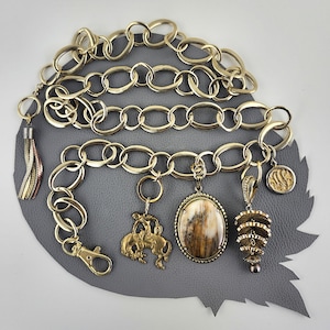 Chunky Gold Chain Belt with Cowboy Vaquero and Cabachon Vintage Charm / Revamped Remixed Western Boho Statement Chain Belt up to 34 inches