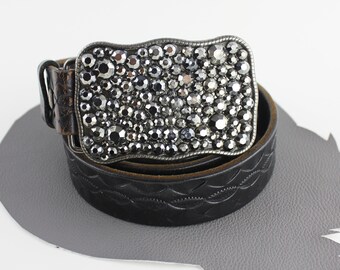 Dark Rhinestone Buckle on Black Tooled Leather Western Belt  display picture 1