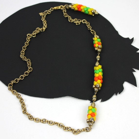 Vintage Neon Orange Lime & Yellow Beaded and Gold… - image 3