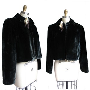 Lush Black Faux Fur Vintage Cropped Swing Evening Coat with Collar