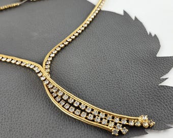 Collar largo llamativo con incrustaciones de oro y brillantes diamantes de imitación / Formal de noche, boda, baile de graduación, alfombra roja