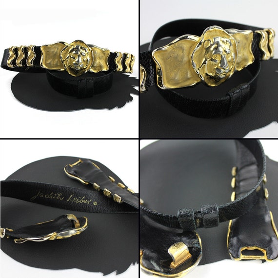 Vintage Judith Leiber Black Snakeskin Belt with G… - image 5