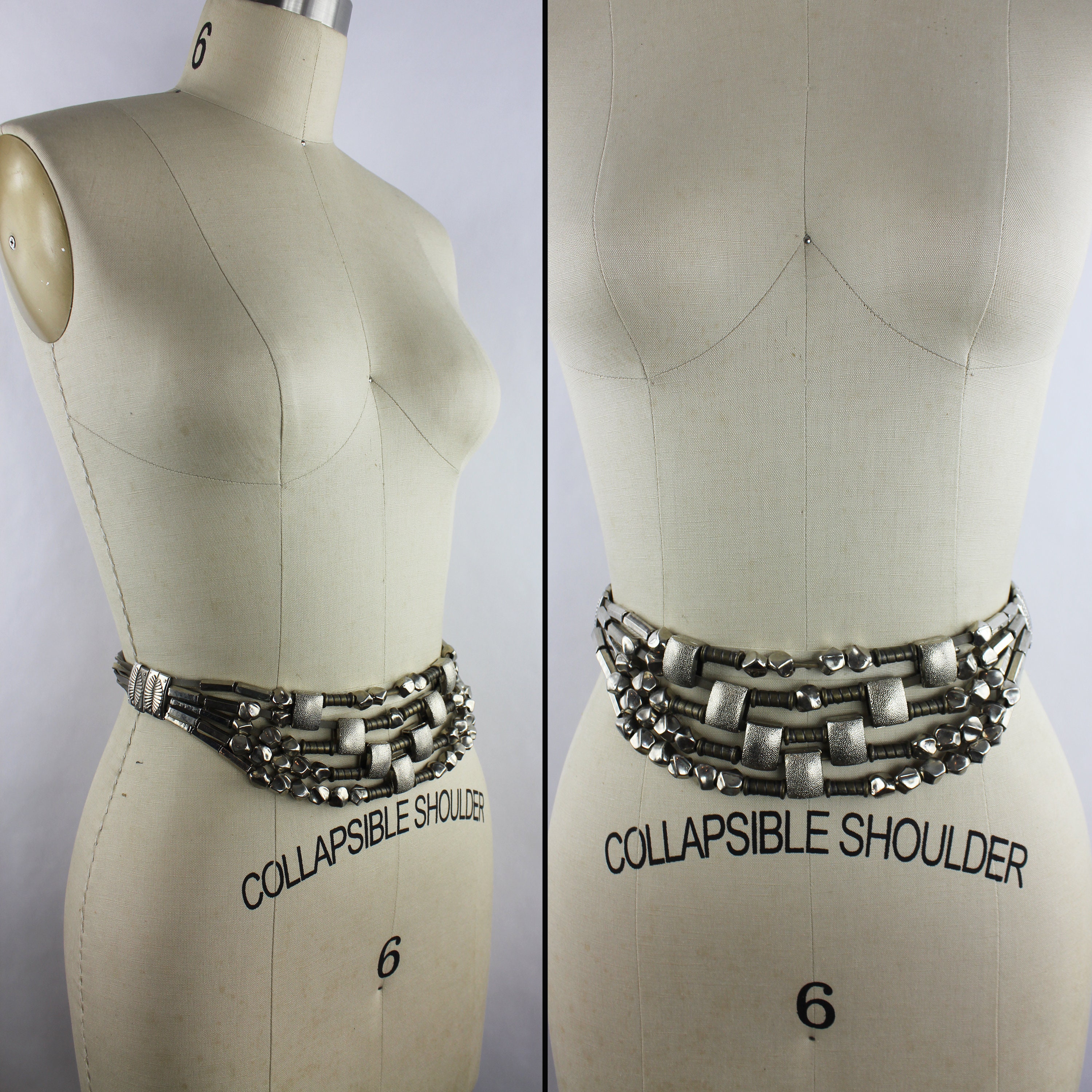 Silver Gunmetal Bronze Metal Beaded Vinyl Vintage Belt  display picture 3