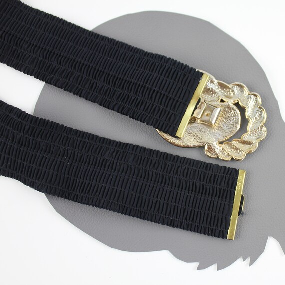Black & Gold Swirl Buckle on Black Elastic Vintage Belt - 27 