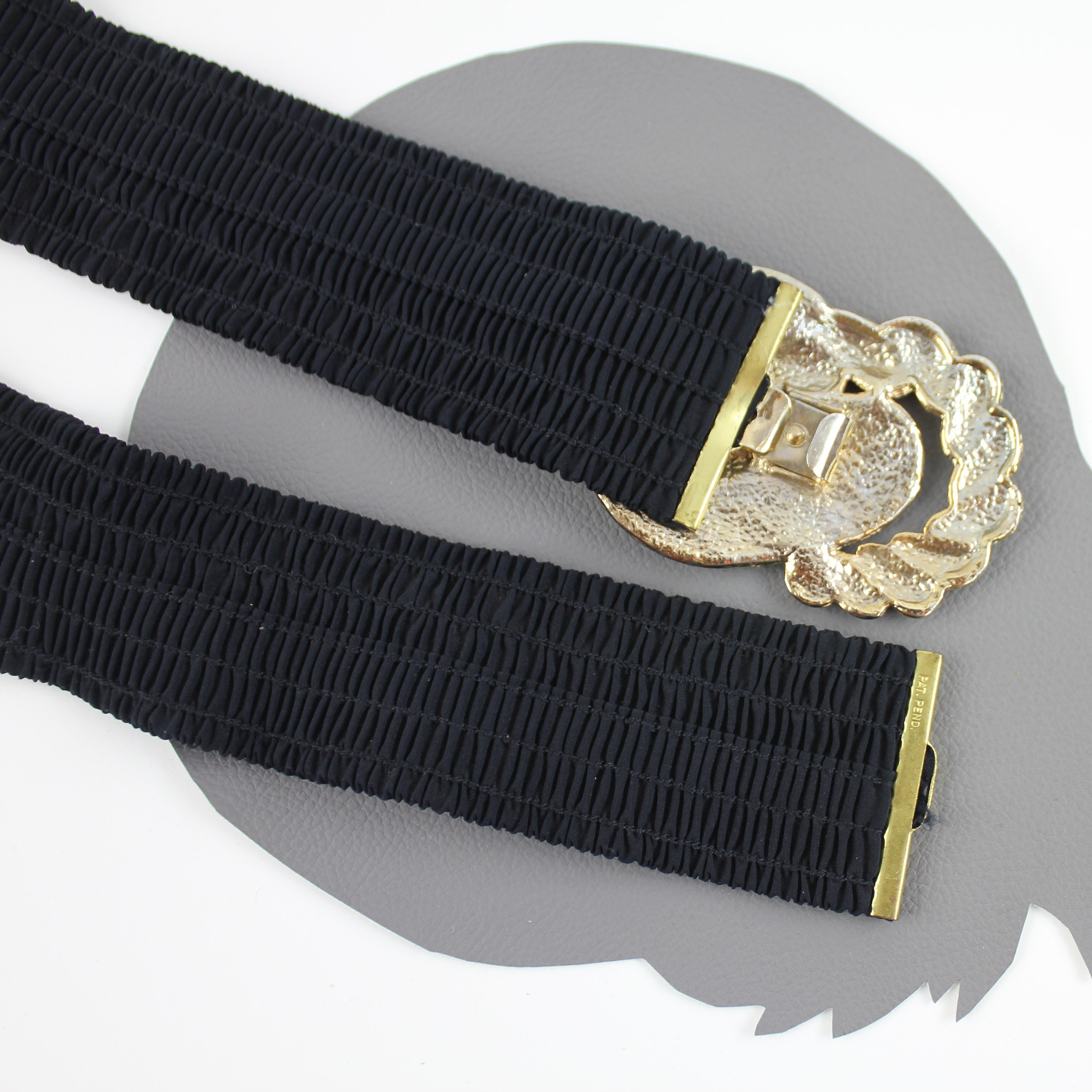 Black & Gold Swirl Buckle on Black Elastic Vintage Belt - 27 